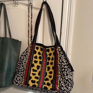 America and Beyond beaded tote with leopard print NWOT